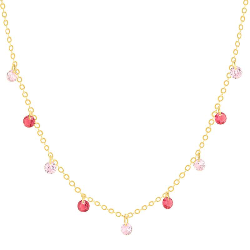 Collier plaqué or pierres synthétiques rouges et roses 45cm - vue 1
