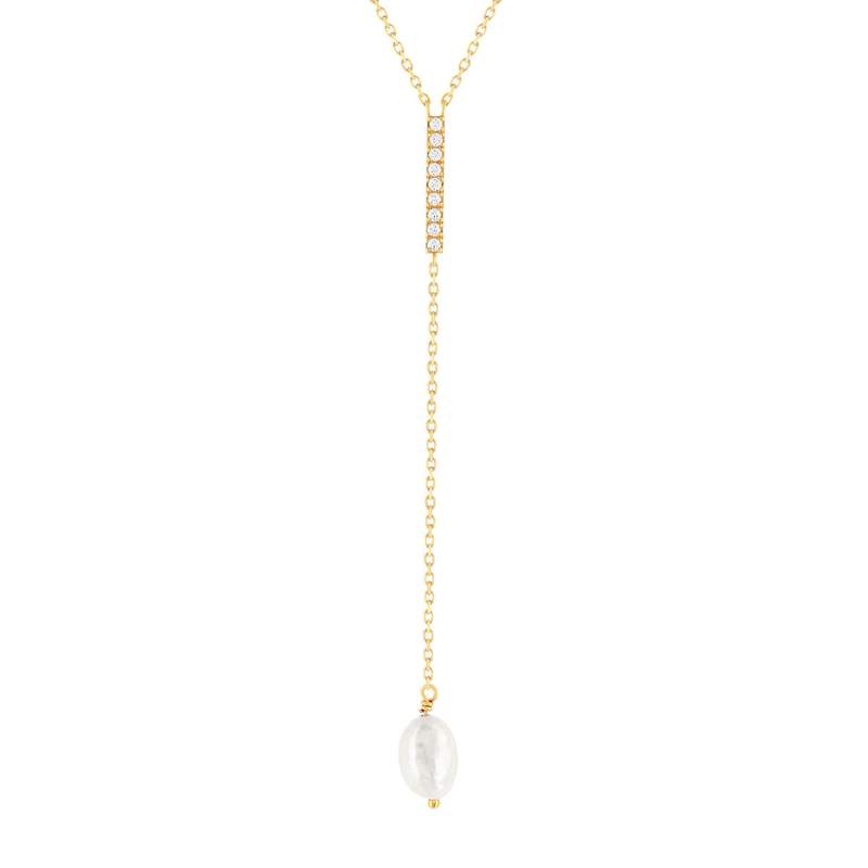 Collier plaqué or zirconias et perle blanche 45 cm - vue 1