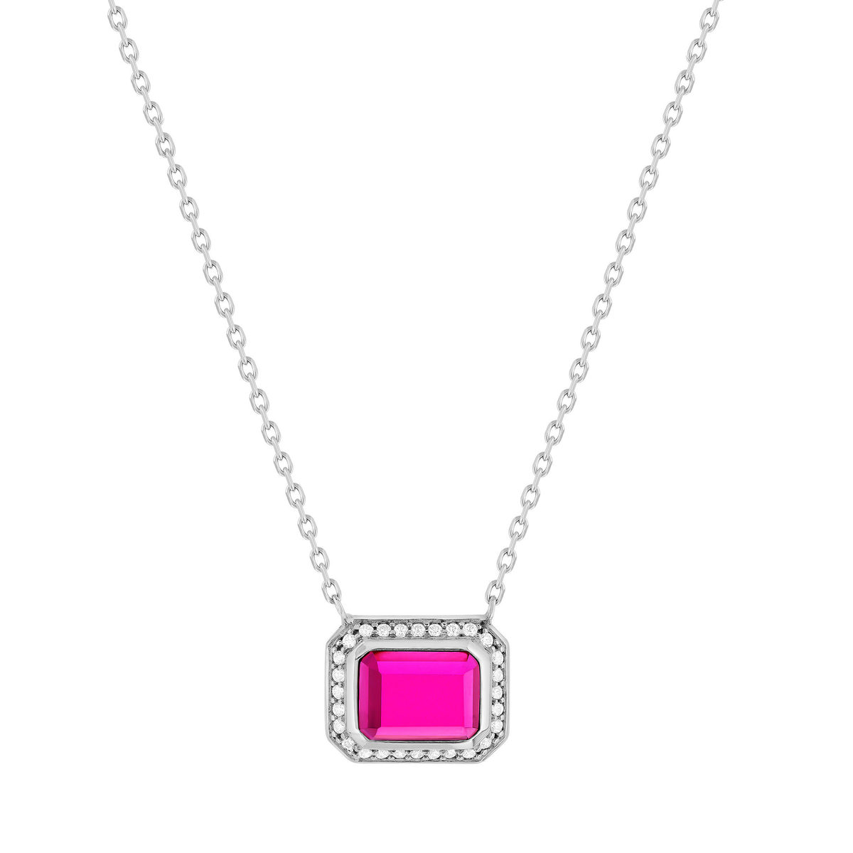 Collier argent 925 pierre synthétique rose et zirconias 45cm