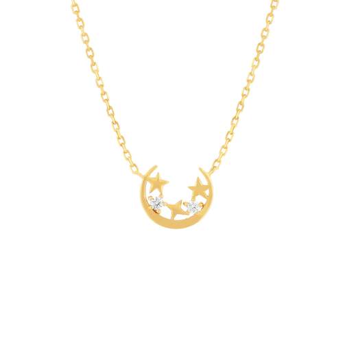 Collier plaqué or lune, étoiles et zirconias 45 cm