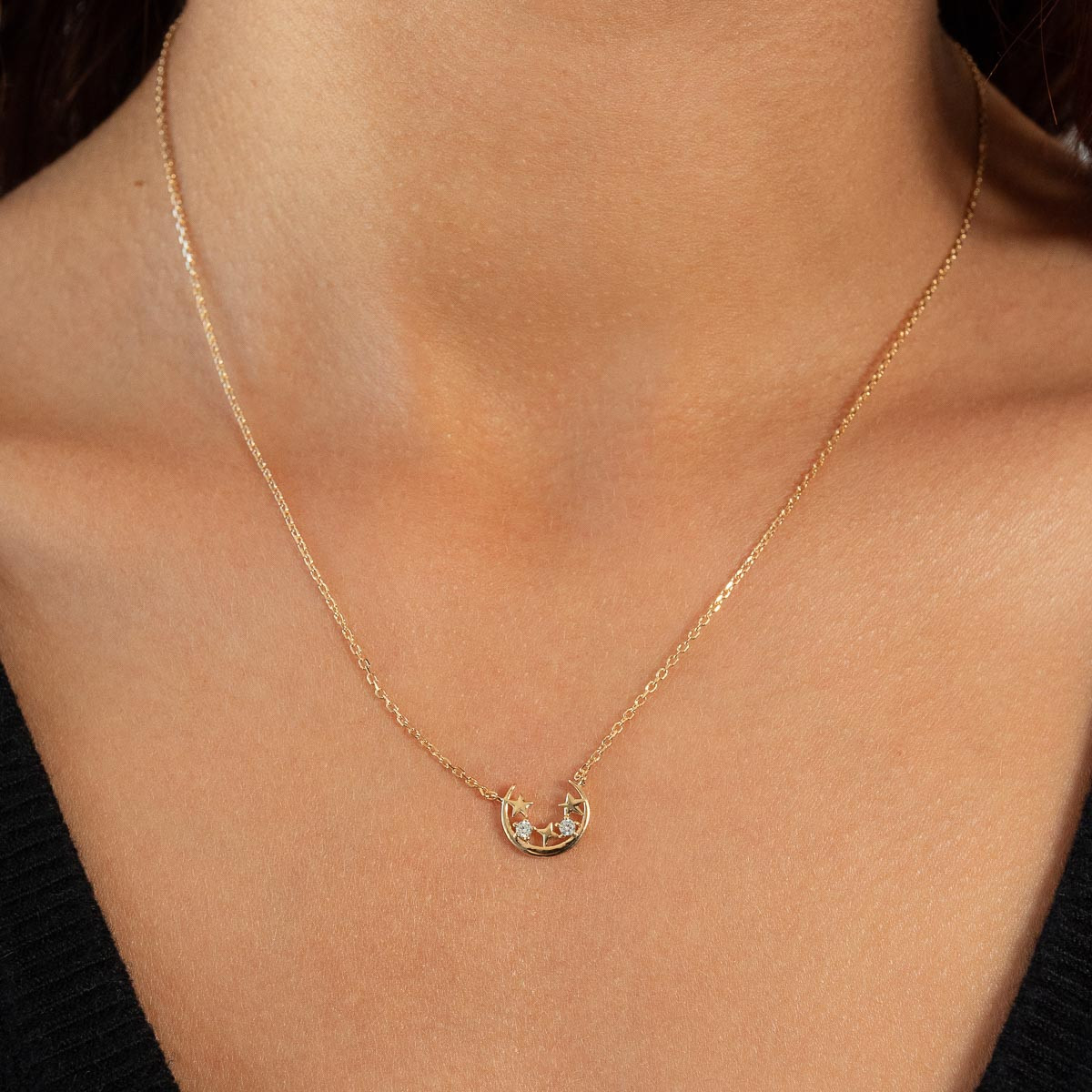 Gold-plated necklace with moon, stars and zirconias 45 cm - view worn 1