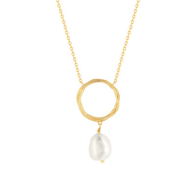 Collier plaqué or motif rond et perle de culture 45 cm