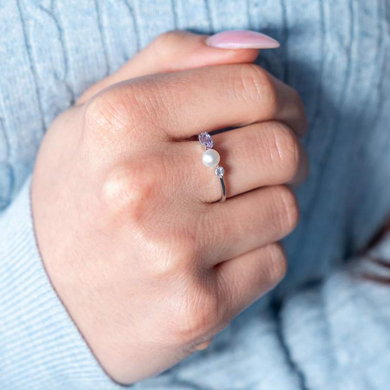 Bague argent 925 perle de Chine améthyste et topaze blanche - vue porté 1