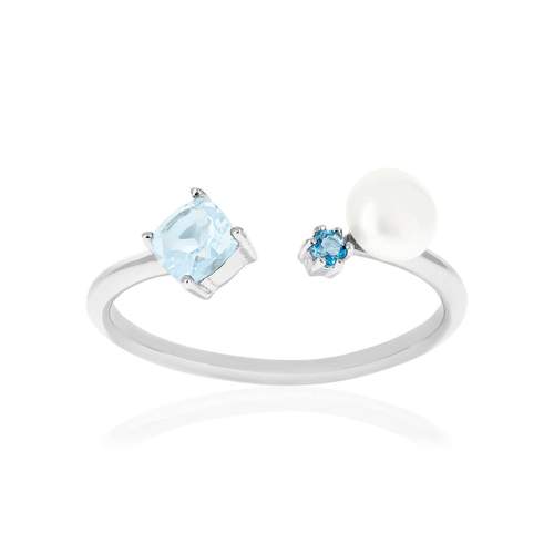 Bague argent 925 perle de Chine et topazes traitées London Blue