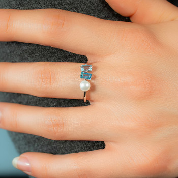 Bague argent 925 perle de Chine et topazes bleues traitées