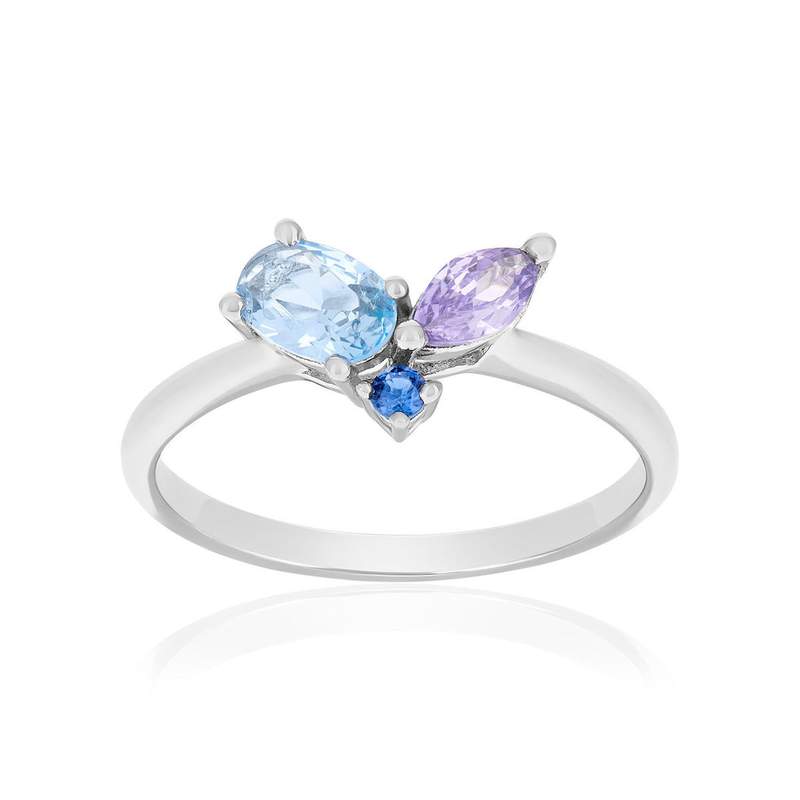 Ring van 925 zilver met blauwe en paarse synthetische stenen - aanzicht 1