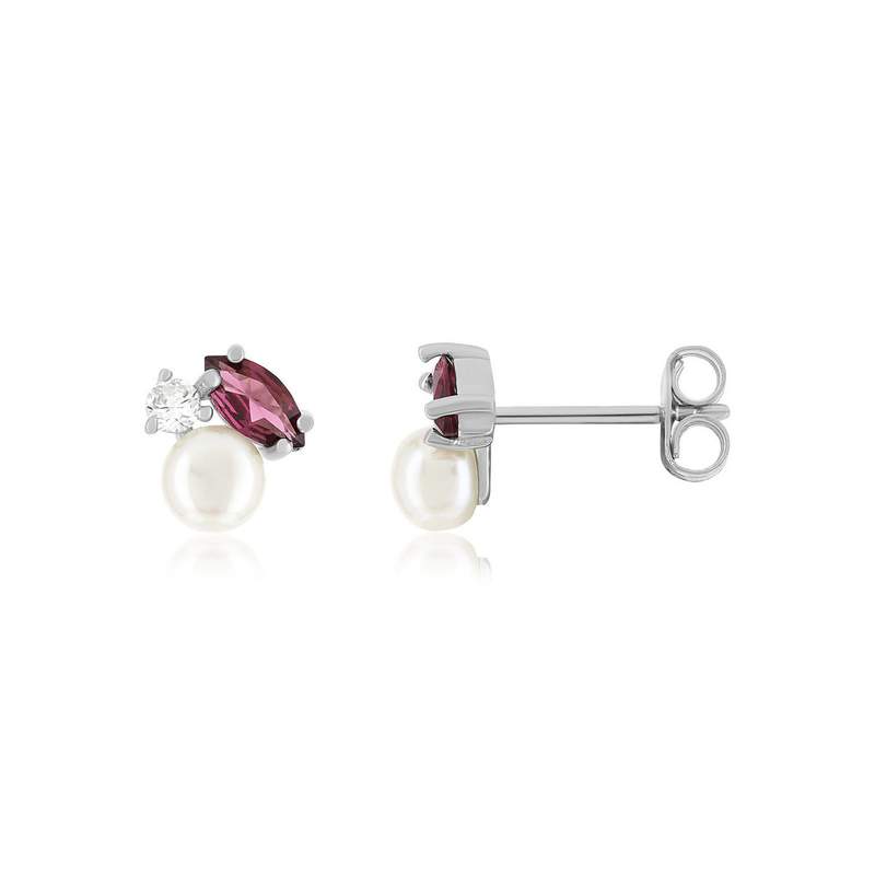 Boucles d'oreilles argent 925 perles de culture de Chine grenats rhodolites et topazes blanches - vue 1