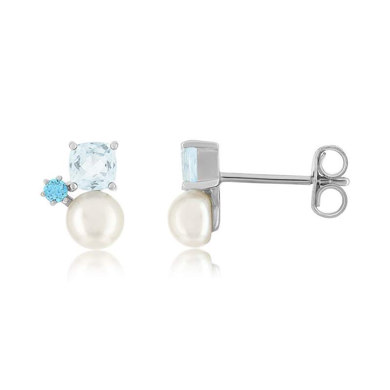 Boucles d'oreille argent 925 perles de culture de Chine et topazes bleues traitées - vue 1