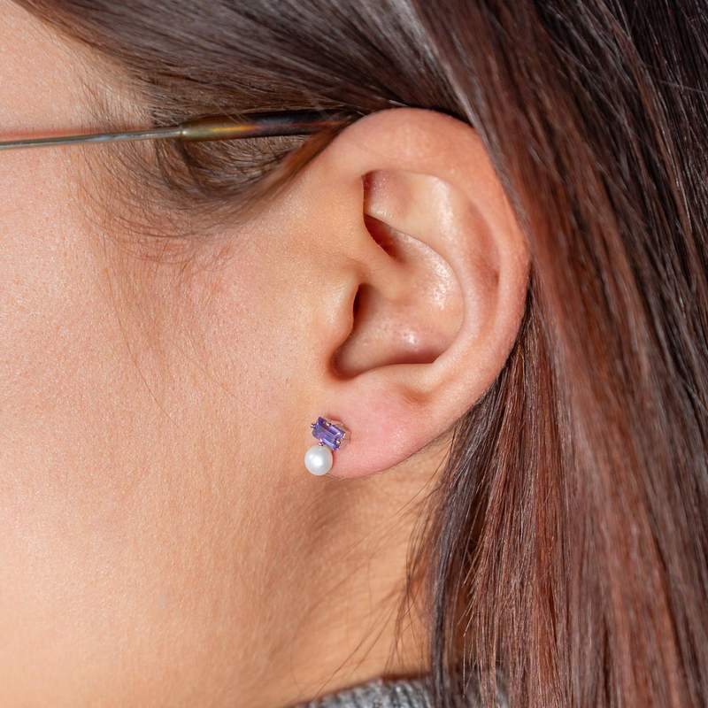 Boucles d'oreilles argent 925 perles de culture de Chine et améthystes - vue porté 1