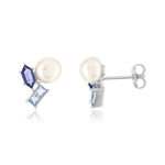 Boucles d'oreilles argent 925 perles de culture de Chine pierres imitation et zirconias bleus - vue 1