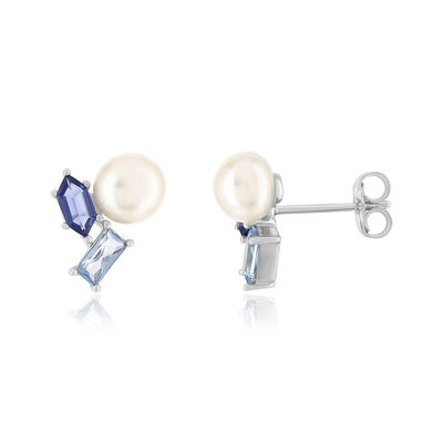 Boucles d'oreilles argent 925 perles de culture de Chine pierres imitation et zirconias bleus