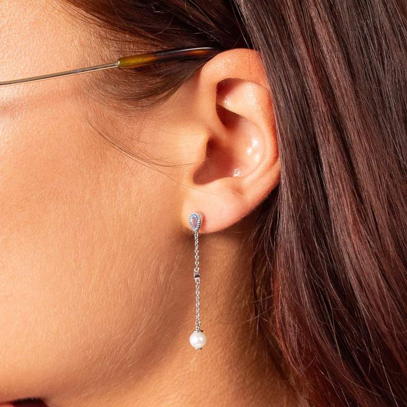 Boucles d'oreilles argent 925 perles de culture de Chine pierres imitation bleues et zirconias - vue porté 1