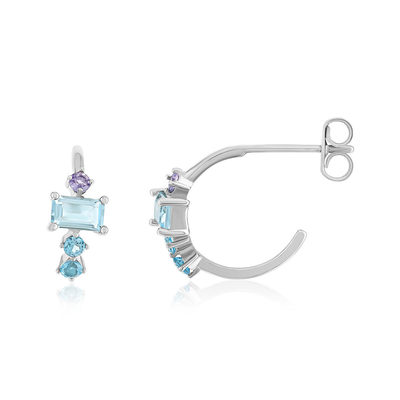 Demi créoles argent 925 topazes traitées et pierres synthétiques bleues - vue 1