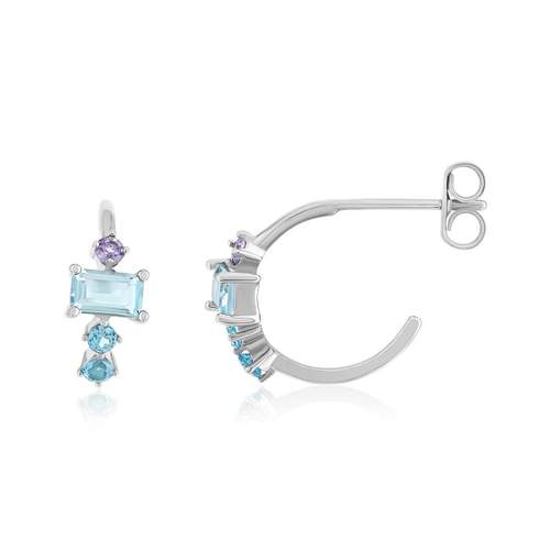 925 sterling silver half hoop earrings with treated topaz and blue synthetic stones