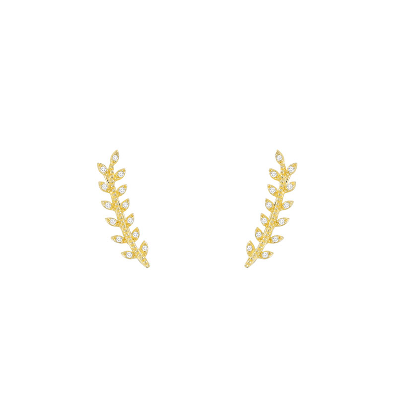 Boucles d'oreilles plaqué or contours feuilles de laurier zirconias - vue D1