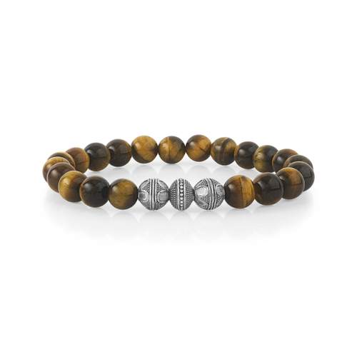 Bracelet perles argentées oeil de tigre 21 cm