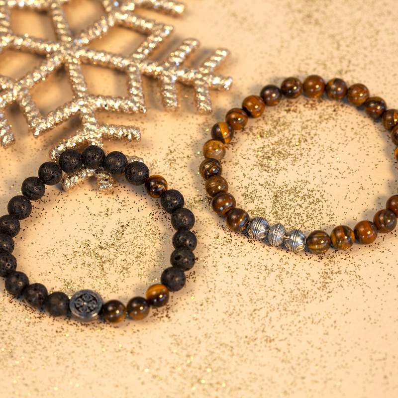 Bracelet perles argentées oeil de tigre 21 cm - vue D1