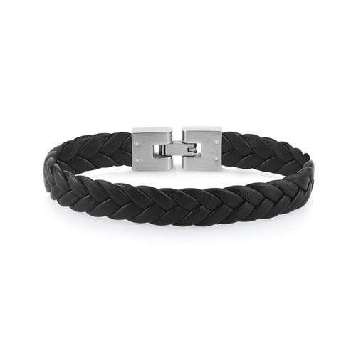 Bracelet acier et cuir noir tressé 19 cm