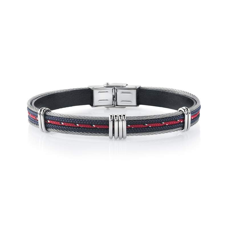 Bracelet acier coton bleu et rouge 20 cm - vue 1
