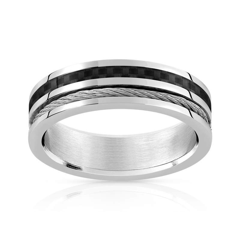 Bague acier fibre de carbone noire - vue 1