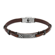 Bracelet acier et cuir marron plaque croix 21 cm