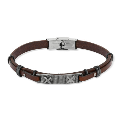 Bracelet acier et cuir marron plaque croix 21 cm - vue 1