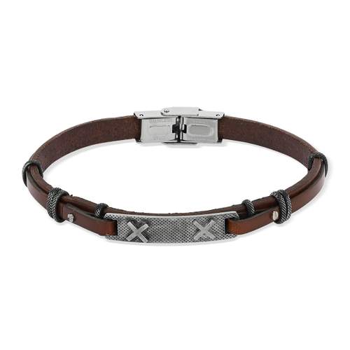 Bracelet acier et cuir marron plaque croix 21 cm