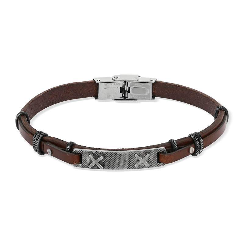 Bracelet acier et cuir marron plaque croix 21 cm - vue 1