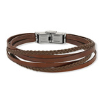 Bracelet acier cuir multirangs marron 21,5 cm - vue 1