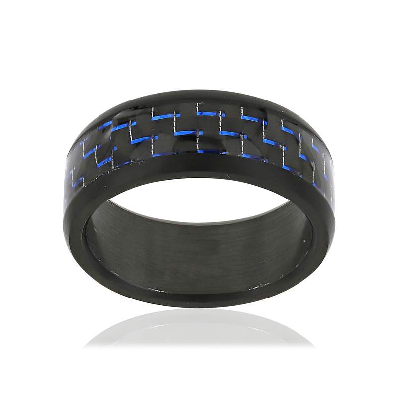Bague acier noir carbone bleu - vue 1