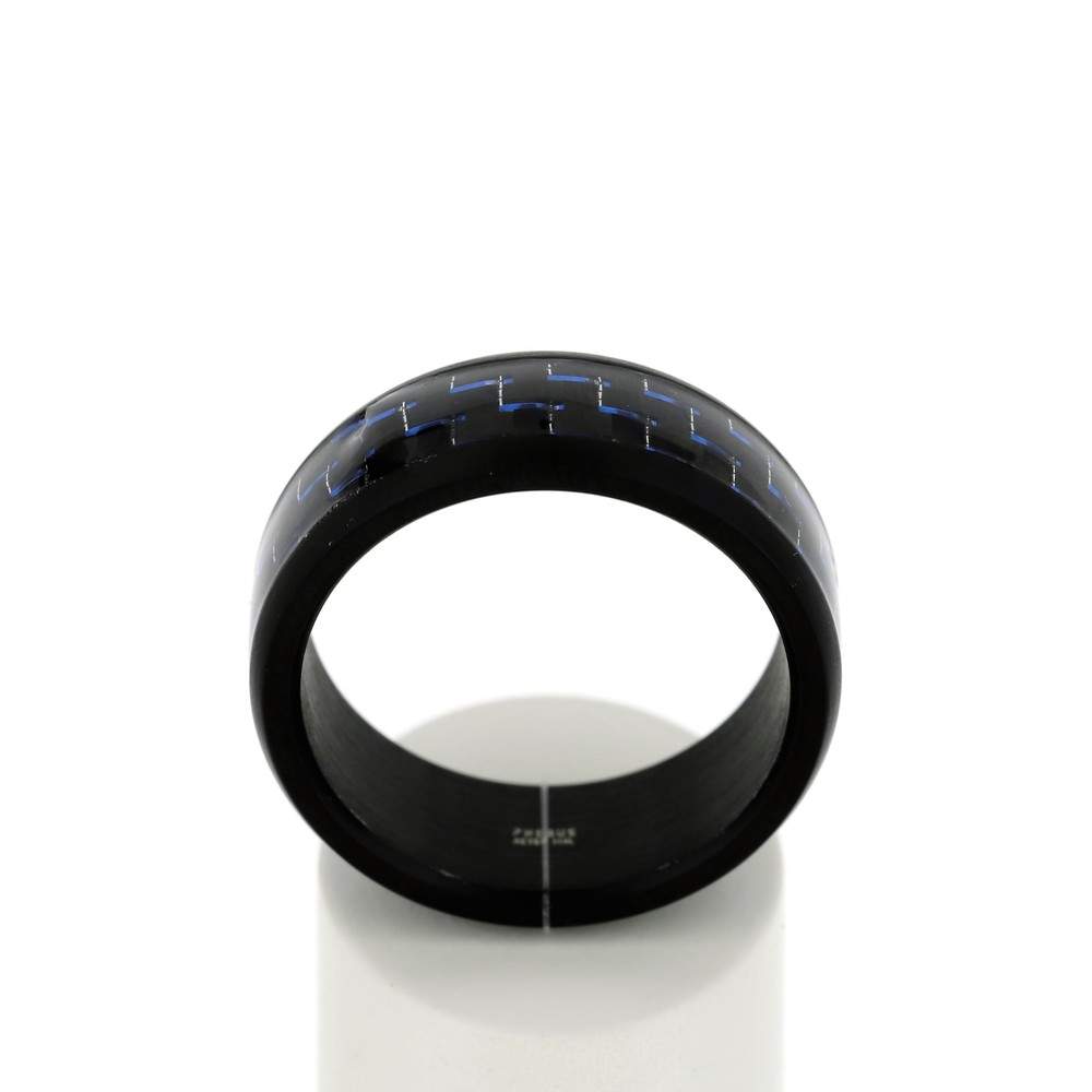 Bague acier noir carbone bleu - vue 1