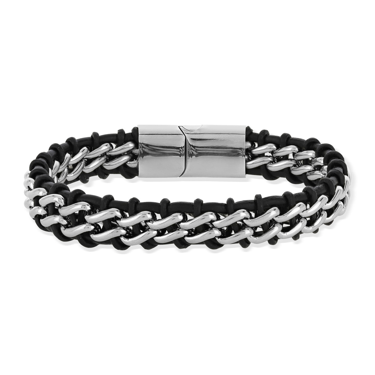 Bracelet acier cuir synthétique noir 22 cm