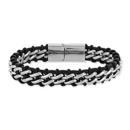 Bracelet acier cuir noir 22 cm