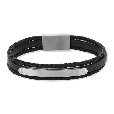 Bracelet cuir acier multirangs noir