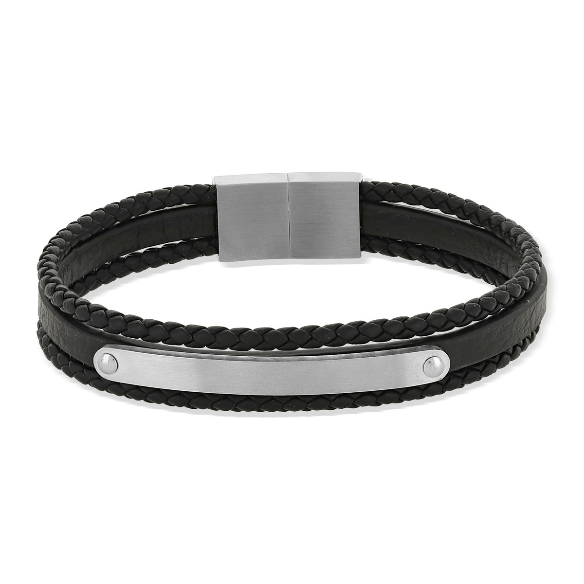 Bracelet cuir acier multirangs noir - vue 3