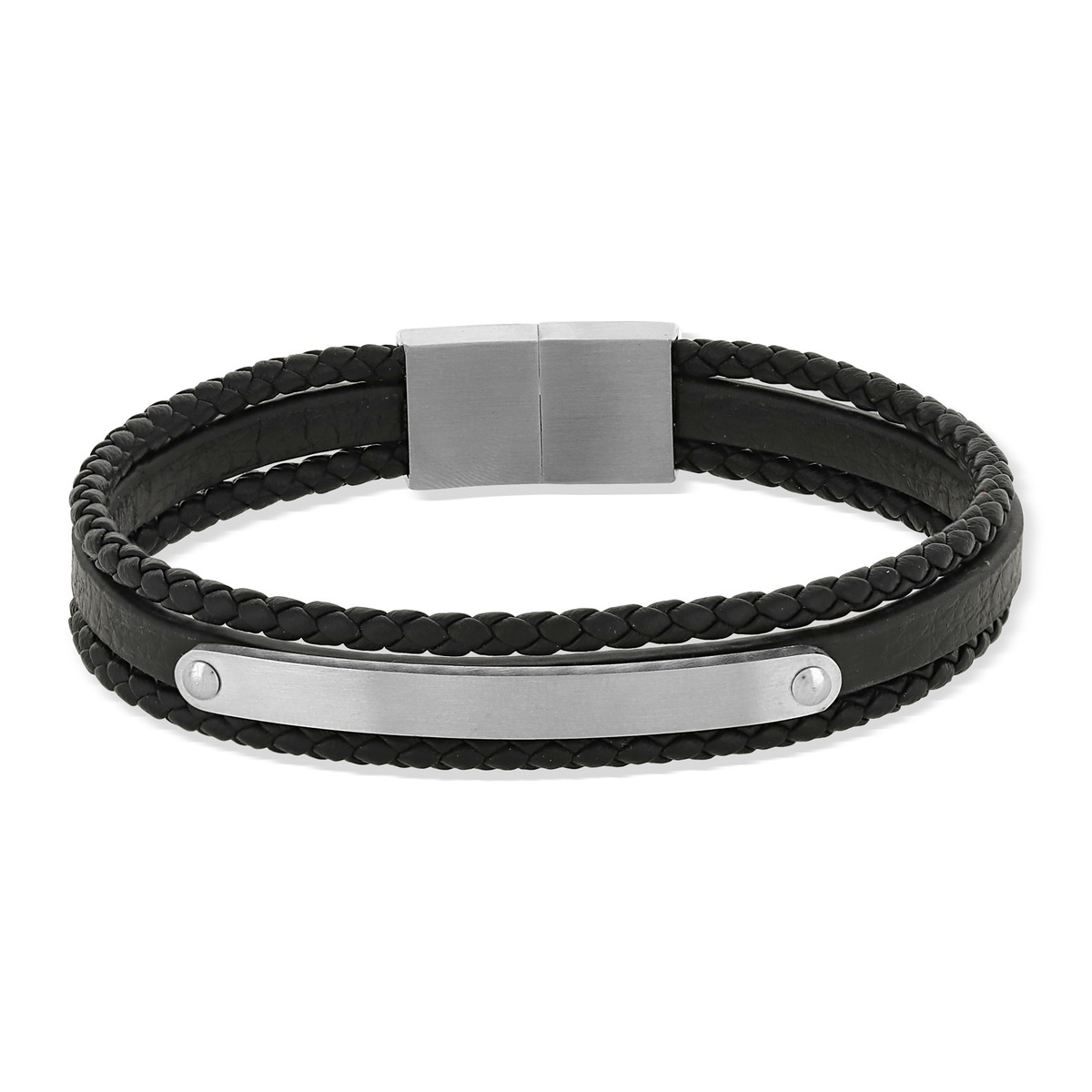 Bracelet cuir véritable acier multirangs noir - vue 3