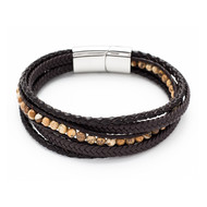 Bracelet acier et cuir synthétique pierres multirangs  22 cm