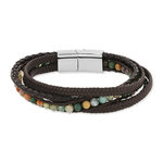 Bracelet multirang acier cordon tressé synthétique brun et pierres 22 cm - vue 1