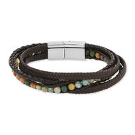 Bracelet acier cuir marron tressé multirangs agates multicolores 21 cm