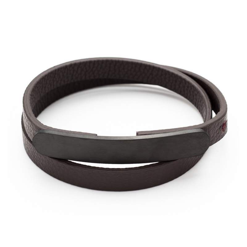 Bracelet double tour acier et cordon synthétique marron - vue 1