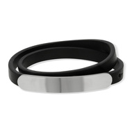 Bracelet double tour plaque acier et cuir synthétique noir