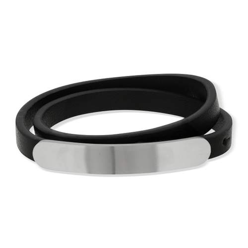 Bracelet double tour plaque acier et cordon synthétique noir