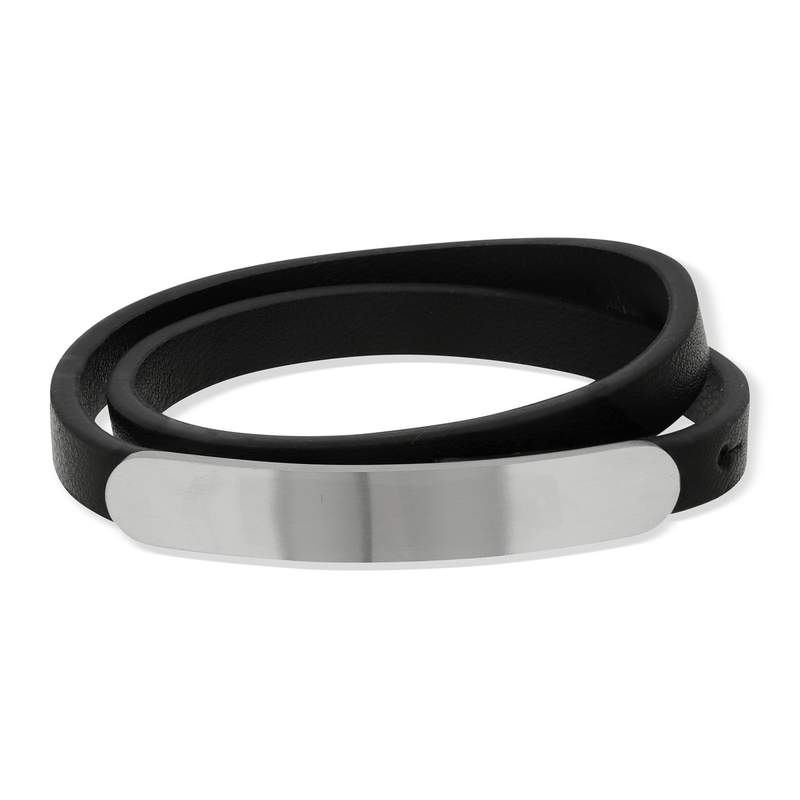 Bracelet double tour plaque acier et cordon synthétique noir - vue 1