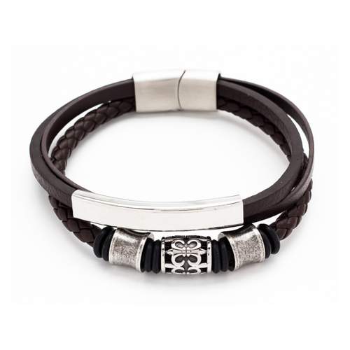 Bracelet acier cuir marron multirangs 22 cm