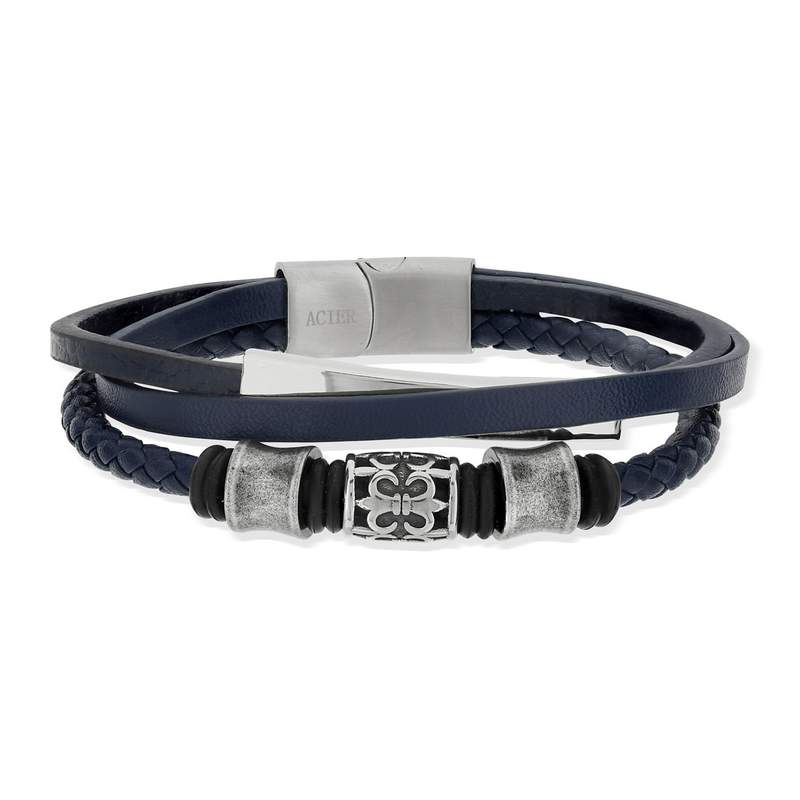 Bracelet acier cuir bleu marine multirangs 22 cm - vue 1