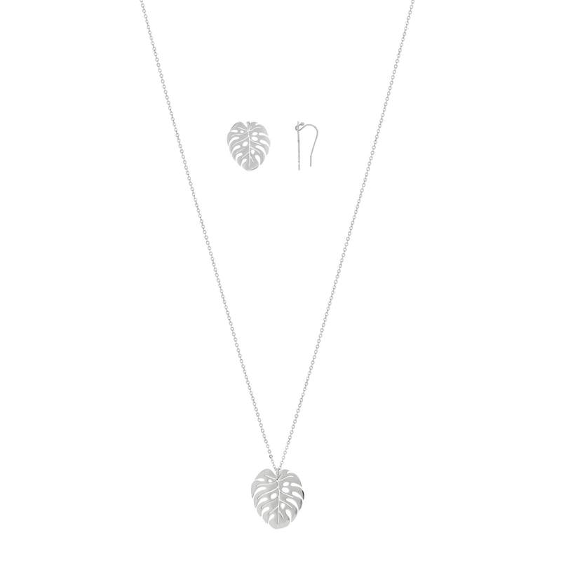 Parure collier 50 cm et boucles d'oreilles acier feuilles - vue 1
