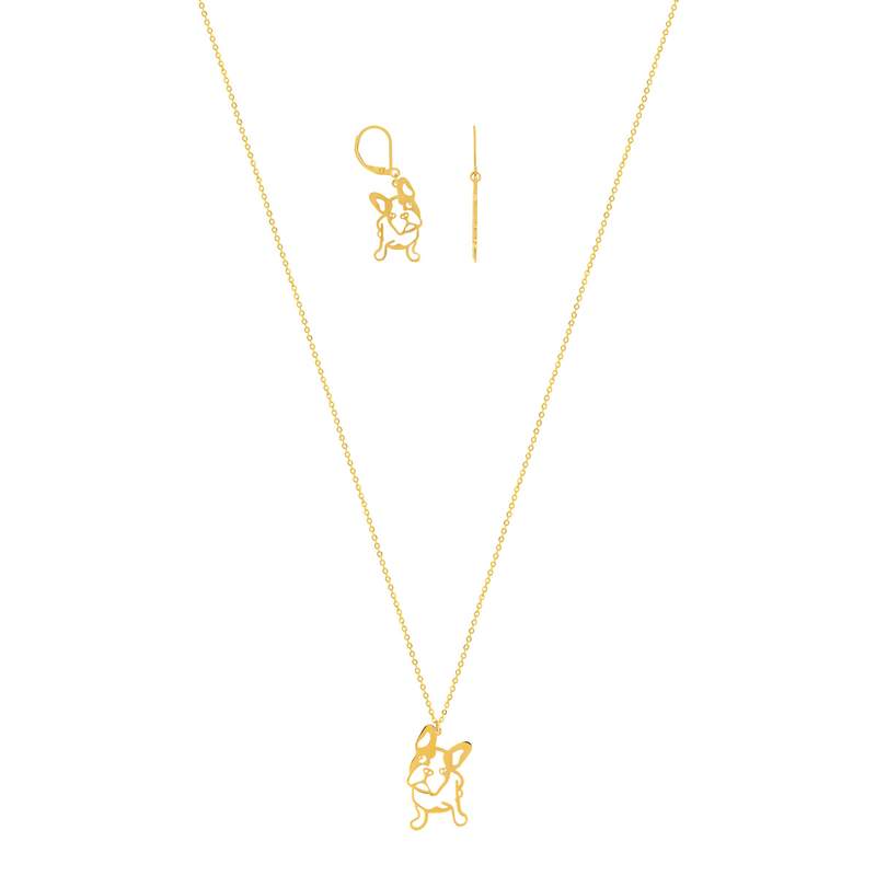 Parure collier et boucles d'oreilles acier doré chien Bouledogue français - vue 1