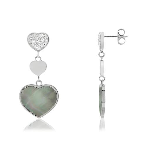 Boucles d'oreilles acier pendants coeurs nacres