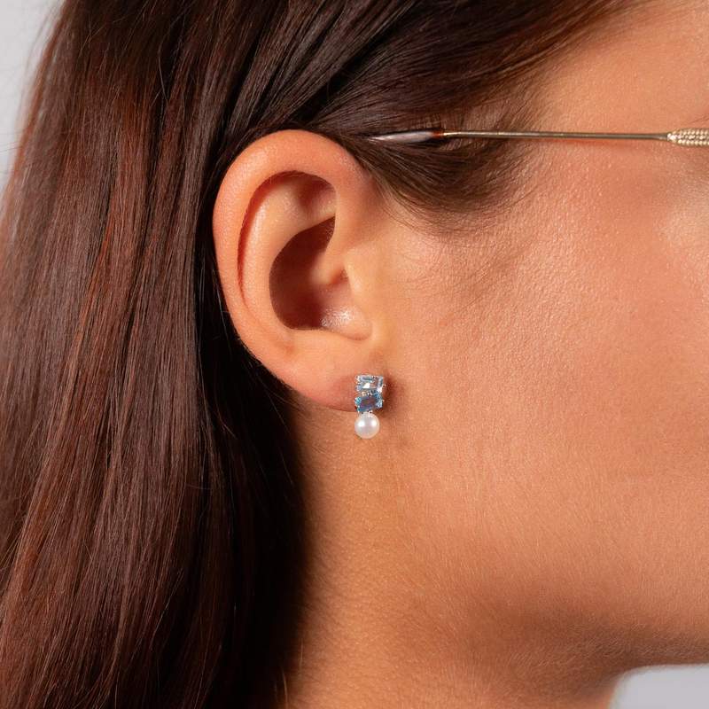 Boucles d'oreilles argent 925 perles d'eau douce et topazes traitées - vue porté 1