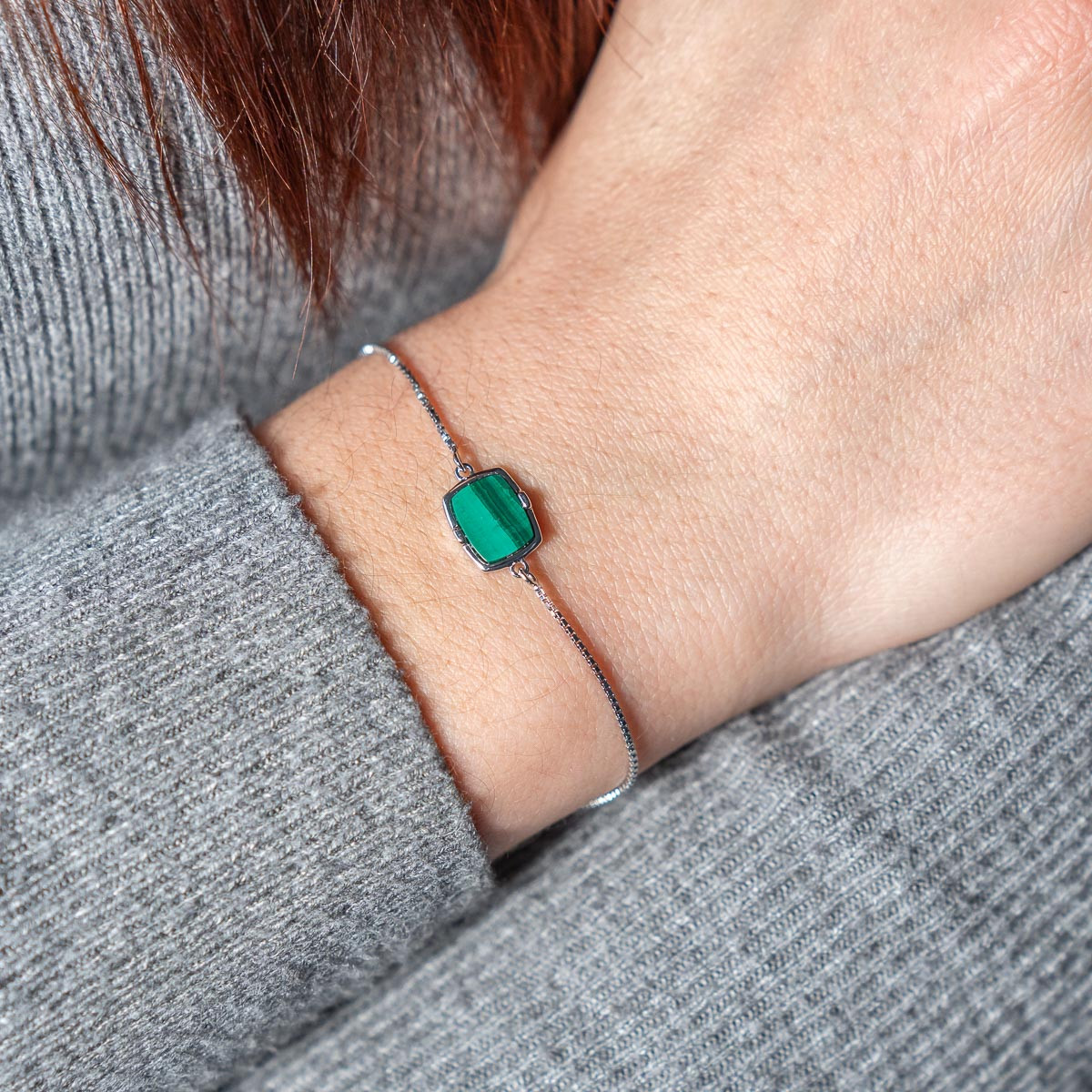 Bracelet argent 925 malachite 23cm - vue porté 1